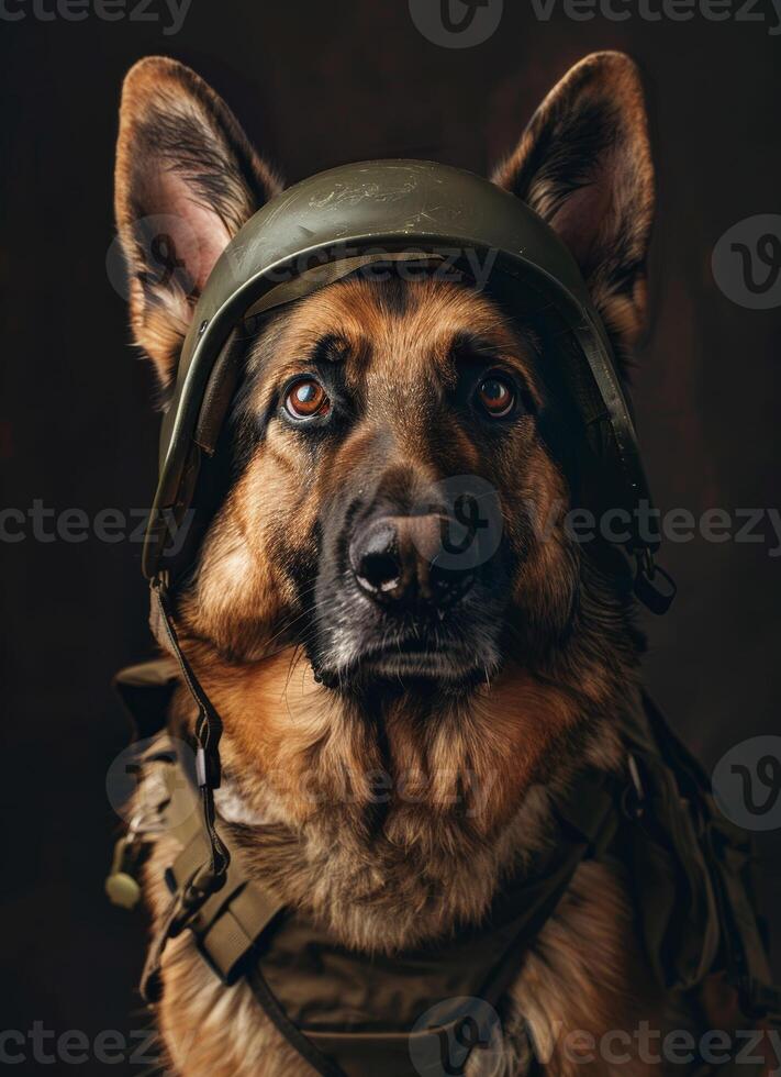 AI generated Portrait of German shepherd in military helmet photo