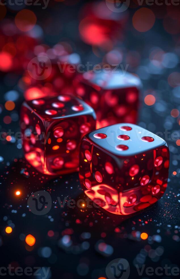 AI generated Red dice on casino table with motion blur. Gambling scene with red cards and dice on a black background photo