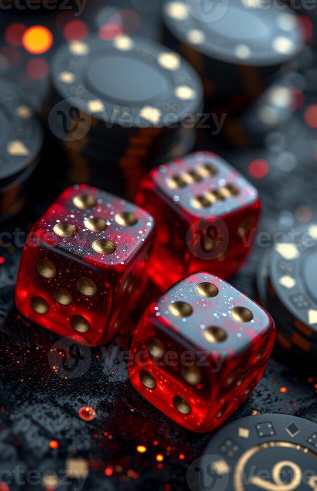 AI generated Casino theme. Gambling scene with red cards and dice on a black background photo