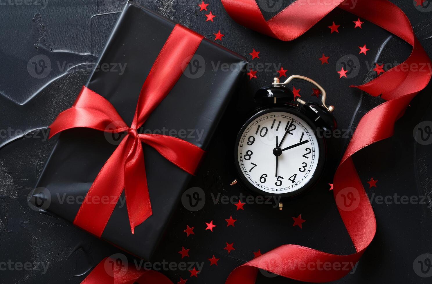 ai generado negro viernes venta. regalo caja y alarma reloj en oscuro antecedentes con estrellas foto