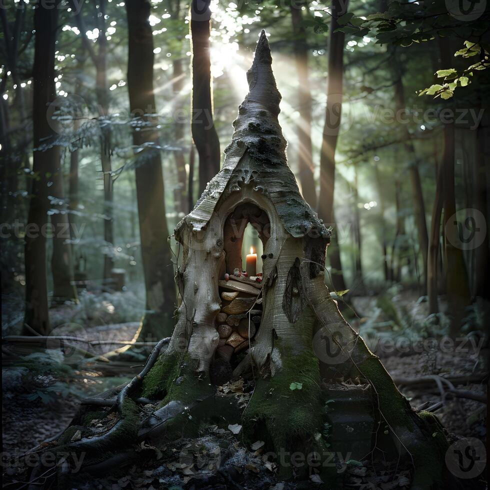 AI generated Mystical shrine in the forest, place of whispers and wishes photo