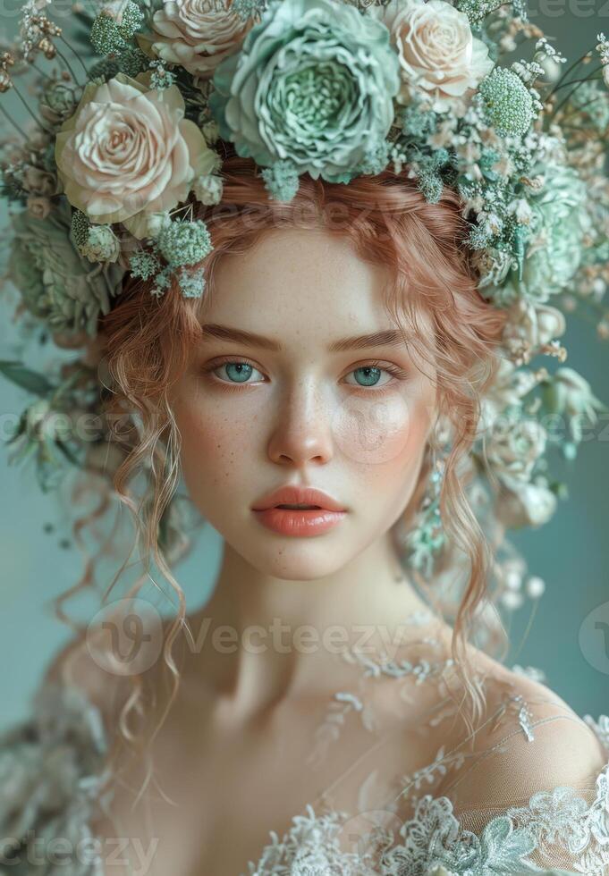 ai generado retrato de amable dama guirnalda de blanco y azul flores en su cabeza amable maquillaje y peinado. belleza productos cosméticos. foto