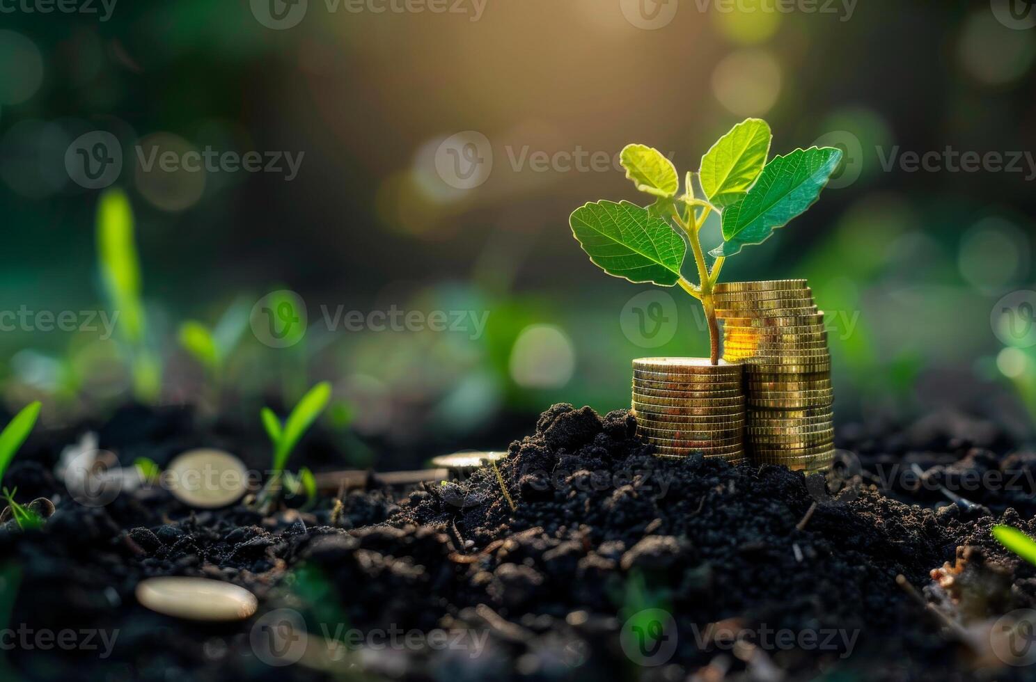 AI generated Small plant grows out of pile of coins photo