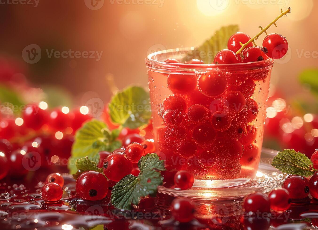 AI generated Red currants in glass on brown background photo
