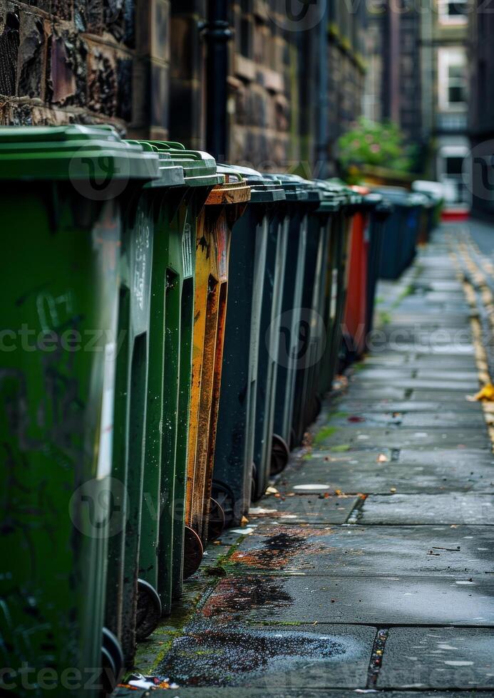 AI generated Row of colourful wheelie bins on street photo