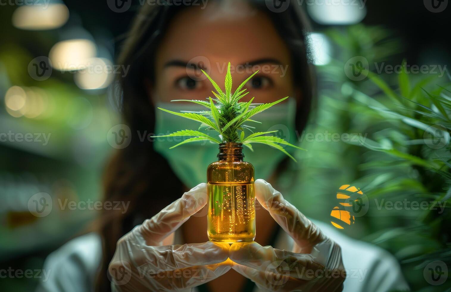 AI generated Scientist holds cannabis plant in bottle. photo