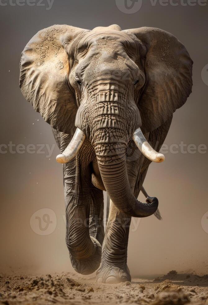 AI generated Elephant running in the dust photo