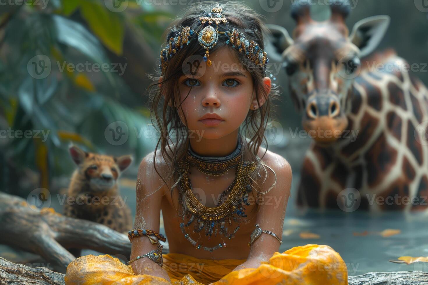 AI generated Portrait of beautiful little girl in rainforest with wild animals photo