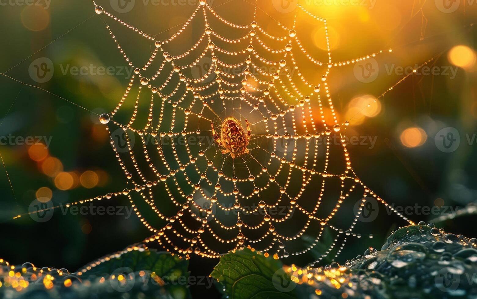 AI generated Spider web with dew drops in the morning photo