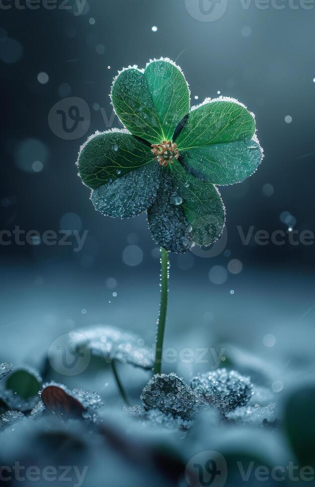 AI generated Green four leaf clover with water drops and dark background photo
