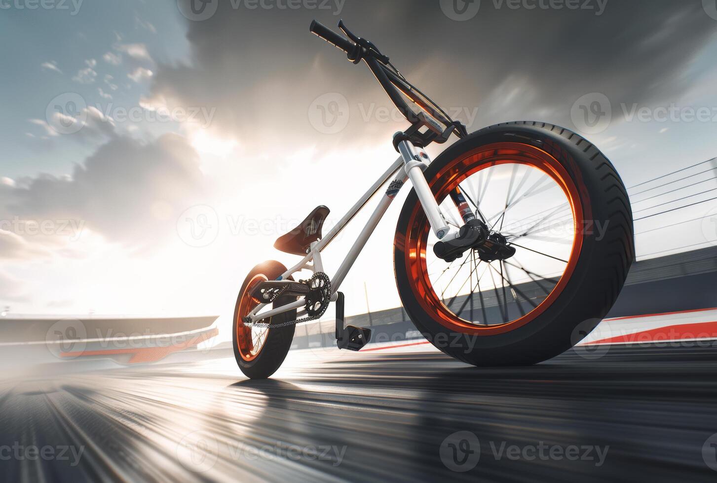 AI generated BMX bike on the track. The BMX bike is captured mid trick in a bright daylight light photo