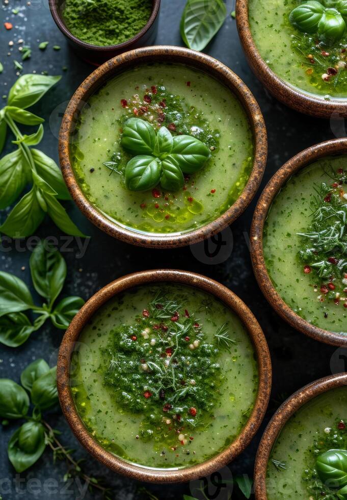 AI generated Bowls of green soup with fresh basil and red pepper flakes on dark background photo