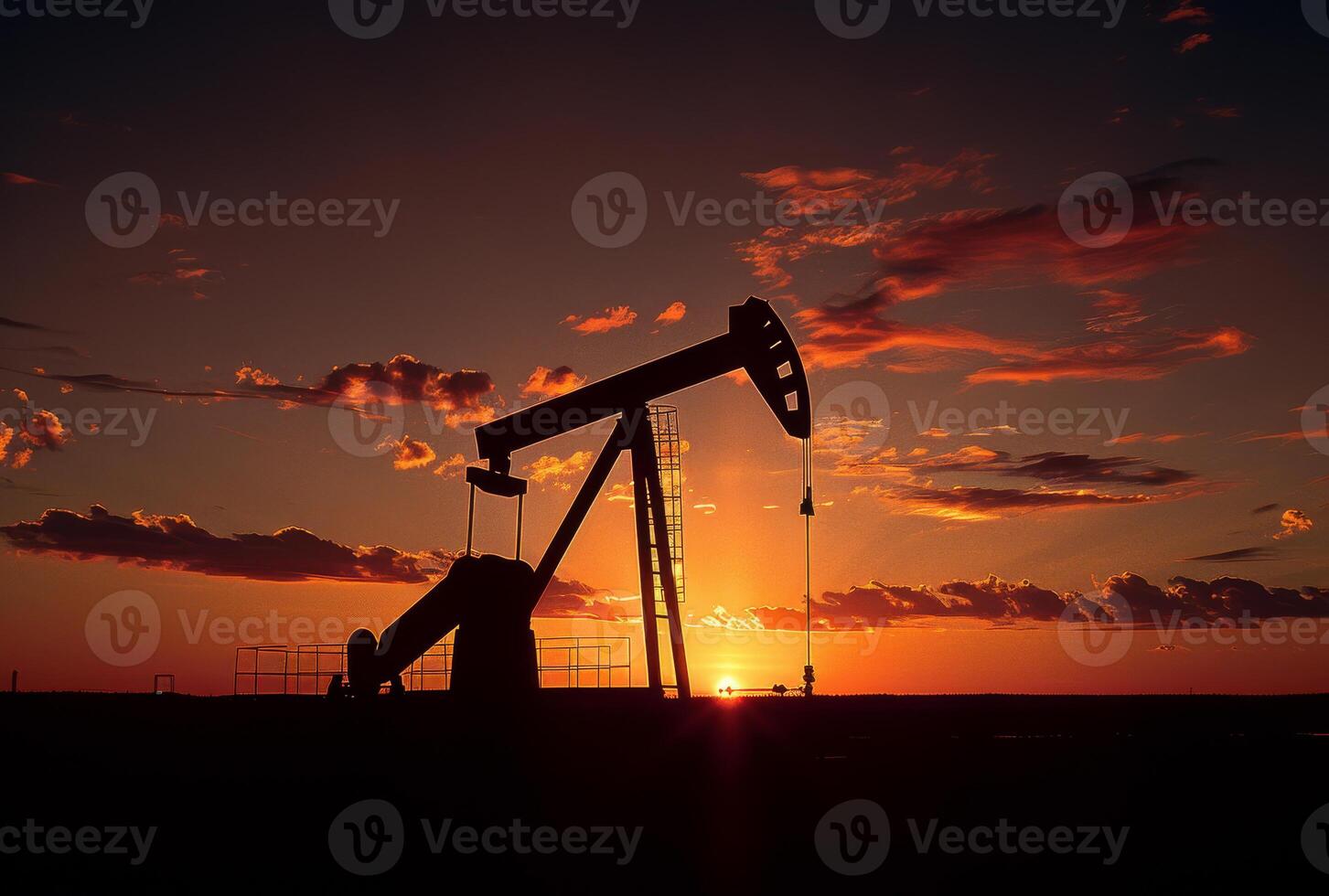 AI generated Oil pump jack backlit by the setting sun photo