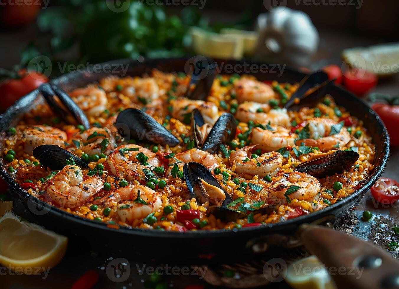 ai generado tradicional Mariscos paella en el freír pan en de madera antiguo mesa foto