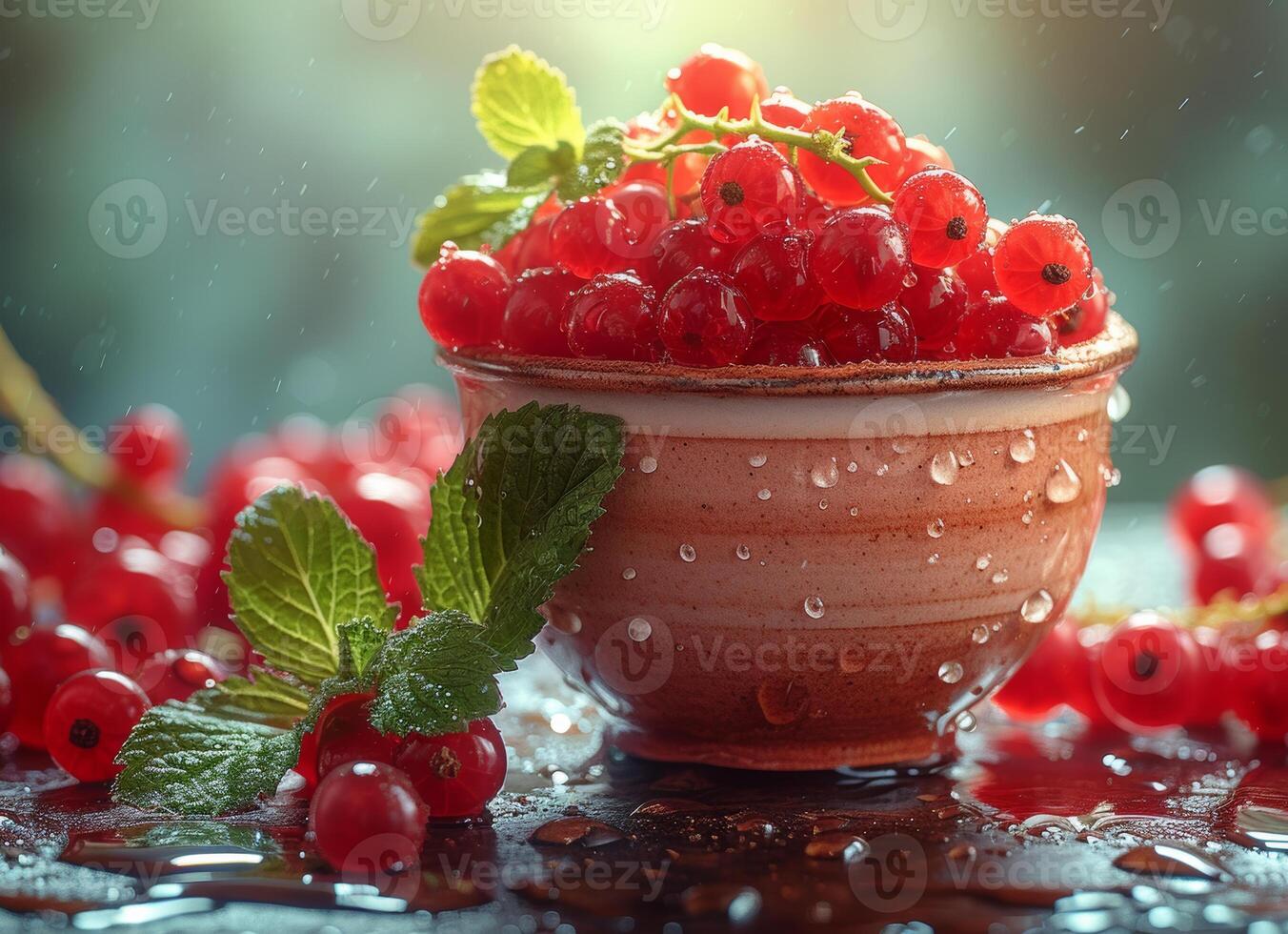 AI generated Red currants in bowl on dark background photo