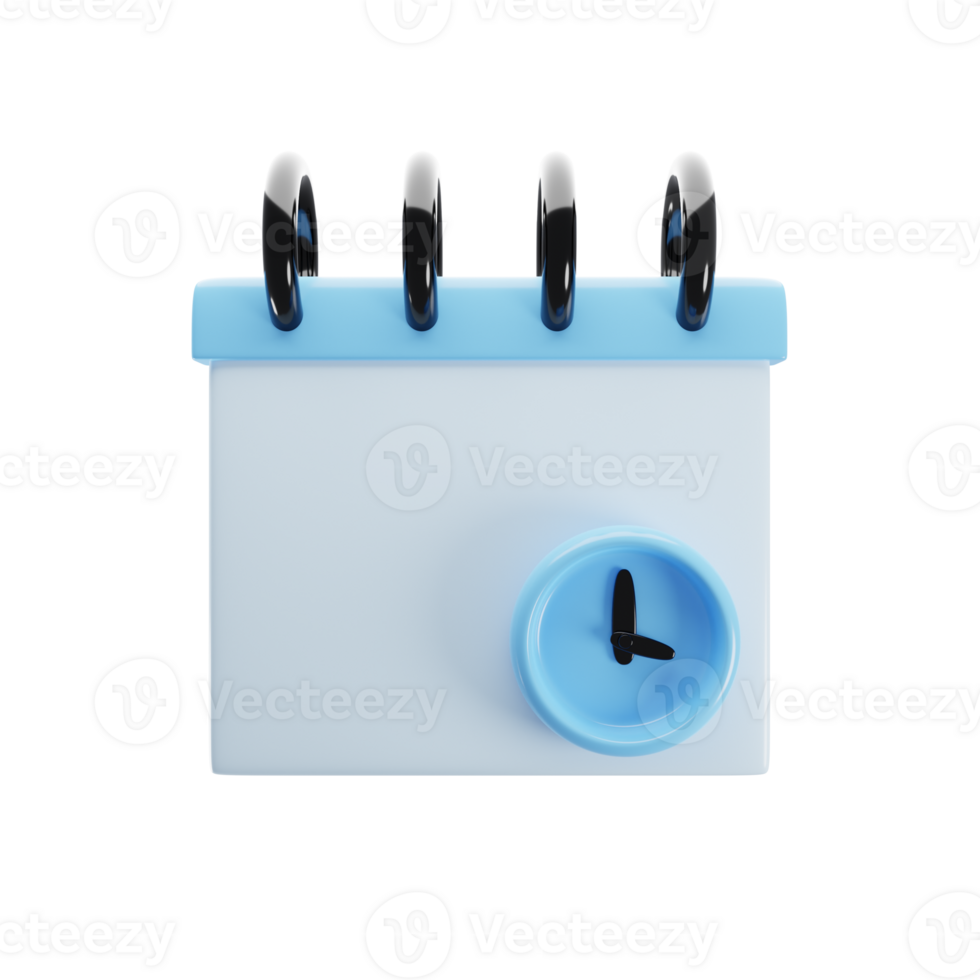 Blue notepad with cartoon style clock icon on 3d rendering. 3d illustration png