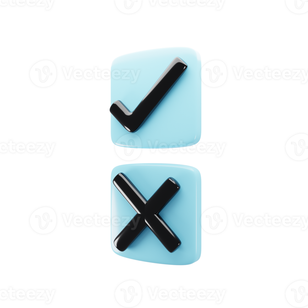 Right and wrong icon. Acceptance and rejection concept. Rectangle button icon on 3d rendering. 3d illustration png