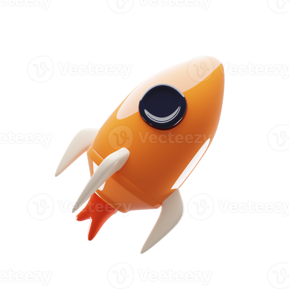 volador naranja espacio cohete icono con dibujos animados estilo. mercado negocio cohete icono concepto. 3d representación ilustración png