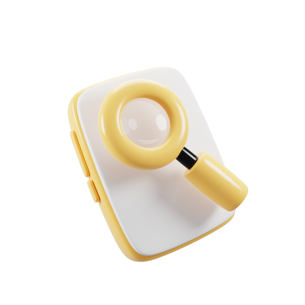 Search icon concept with cartoon style smart phone and magnifying glass. 3d rendering illustration png