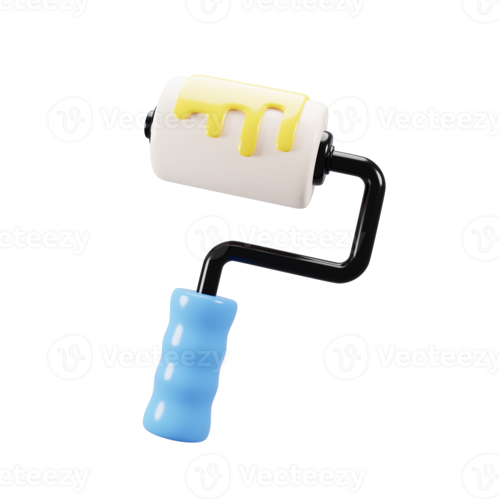 3d rendering paint roller icon with dripping yellow paint. 3d illustration png