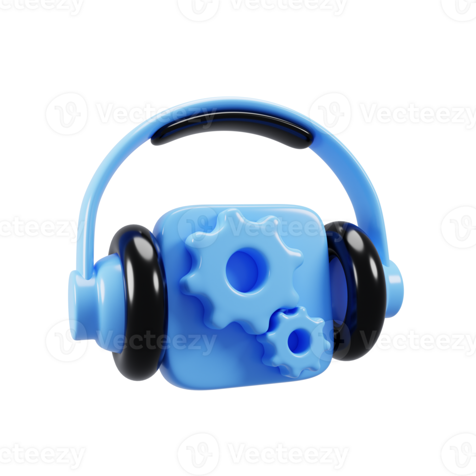 audio ajuste icono concepto con 3d dibujos animados estilo auricular y azul engranaje icono. 3d ilustración png