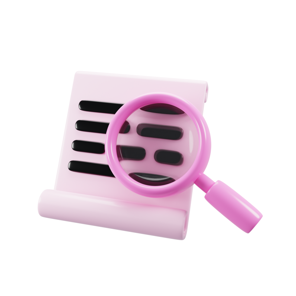 3d rendering document sheet with magnifying glass icon. Paper sheet icon concept png