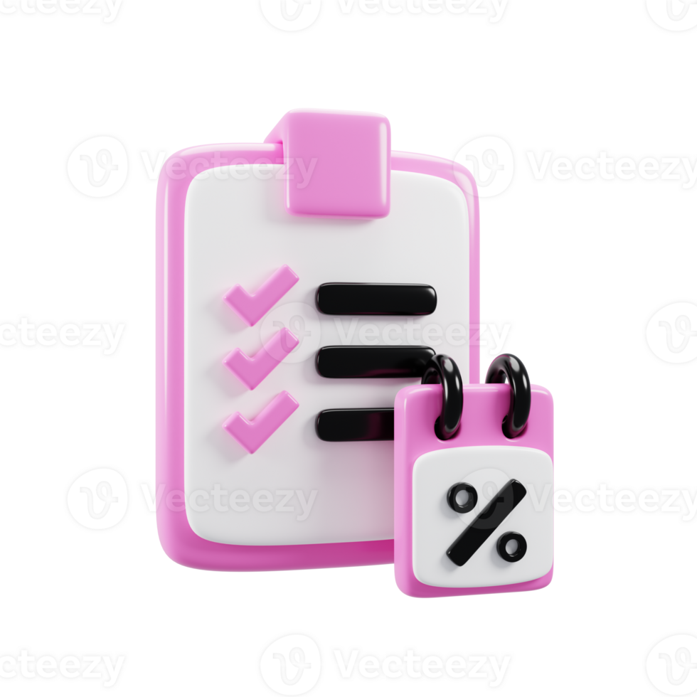3d rendering cartoon style clipboard with percent icon. Discount icon concept png