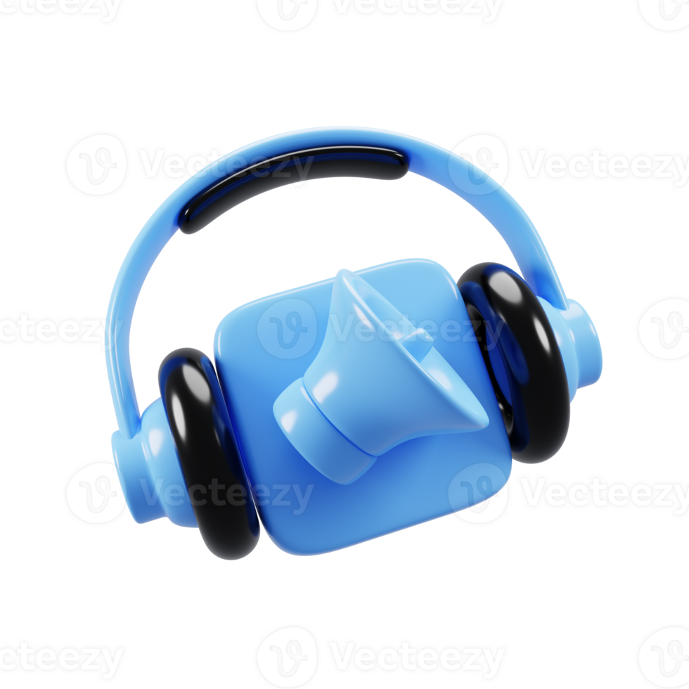 Audio- Symbol Konzept mit 3d Karikatur Stil Kopfhörer und Blau Lautsprecher. 3d Illustration png