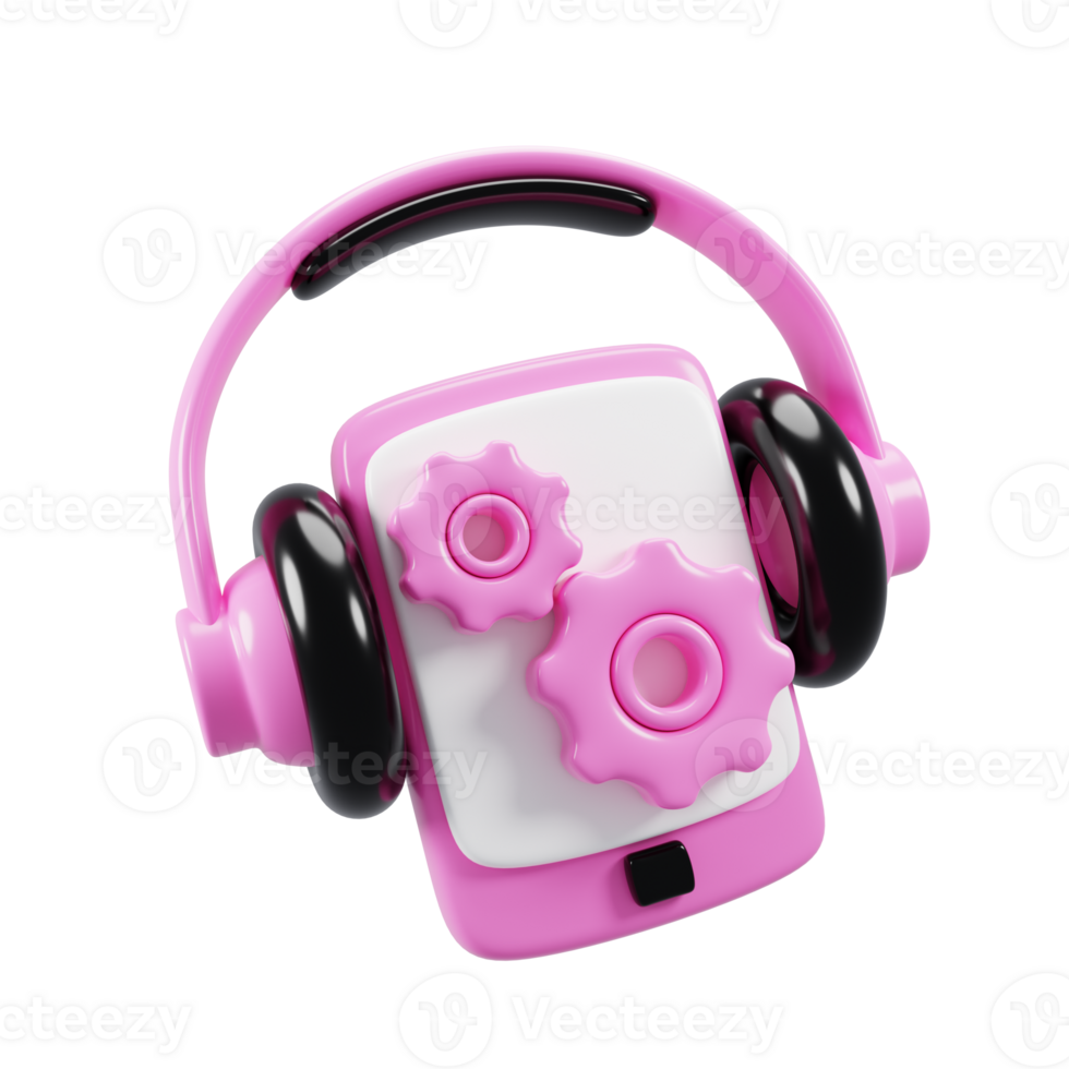 3d rendering headphone with phone and gear icon. setting audio icon concept png