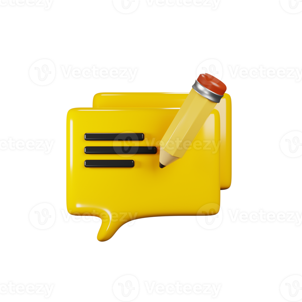 3d bubble chat message with pencil. 3d render online chat concept. Writing text. Illustration of icon with cartoon style. 3d rendering png