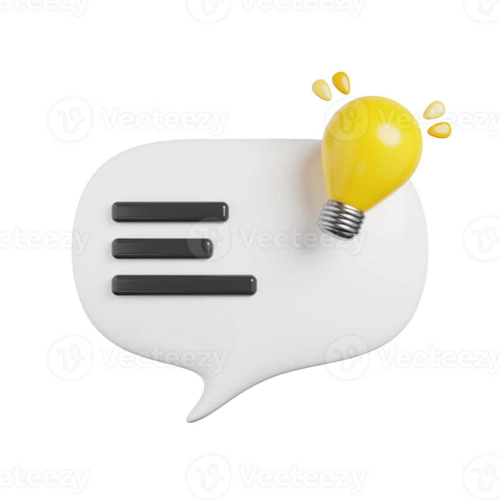 3d bubble chat message with light bulb. 3d render social media chat concept. Illustration of icon with cartoon style. 3d rendering png