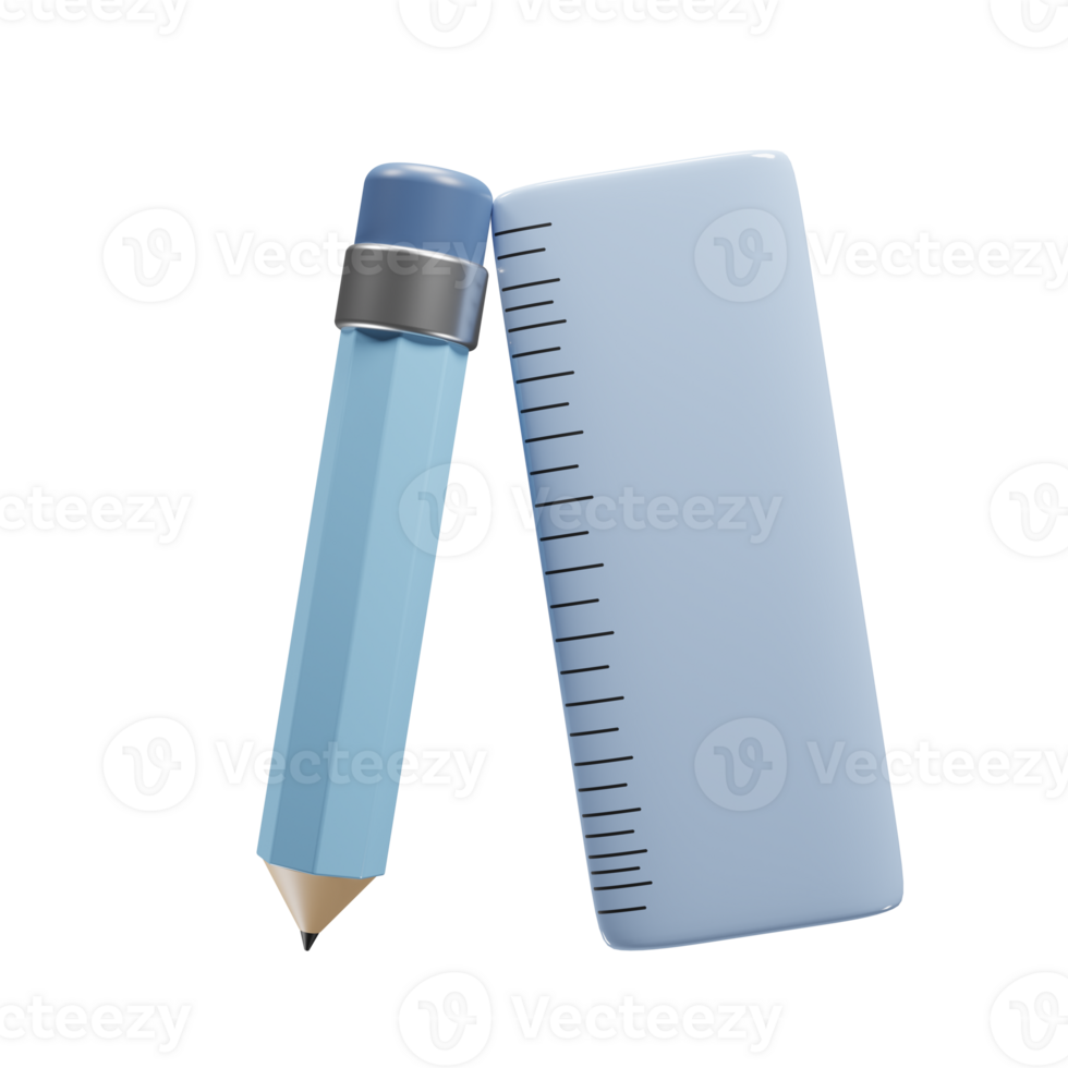 Pencil and ruler icon with cartoon style for website design presentation. 3d rendering education icon concept png