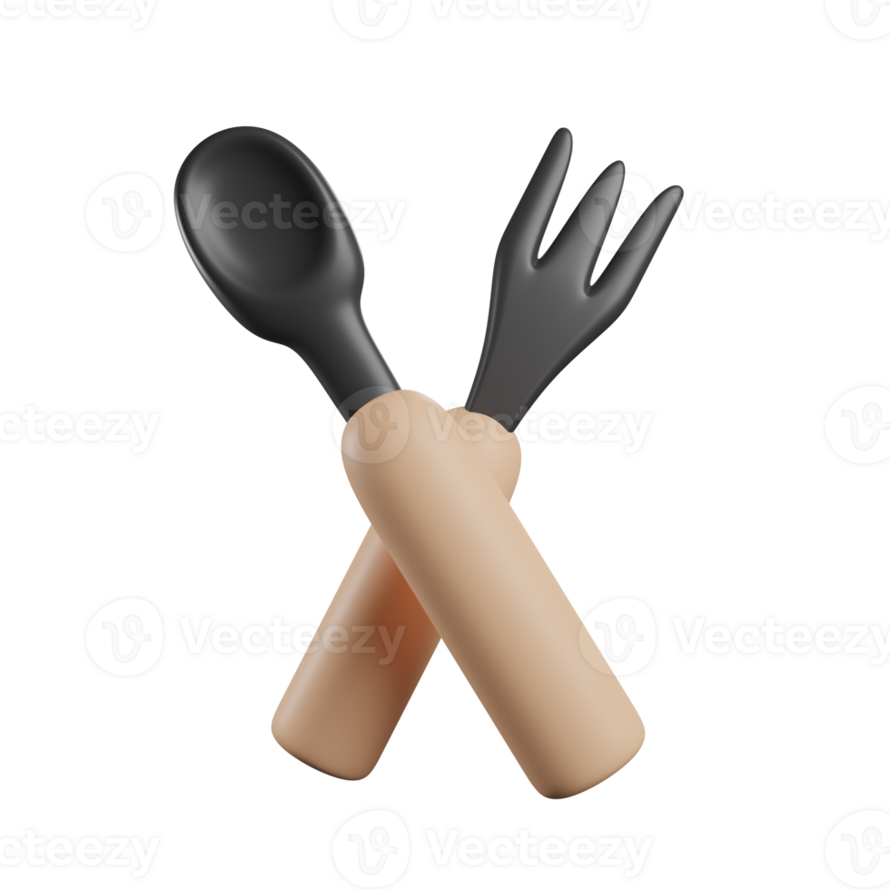 3d rendering kitchen tools spoon and fork with cartoon style. 3d render illustration png