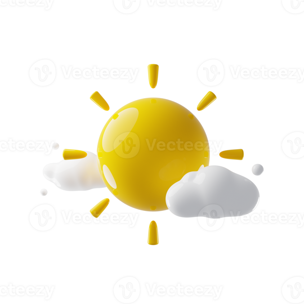 Weather icon sun and white clouds. 3d rendering png