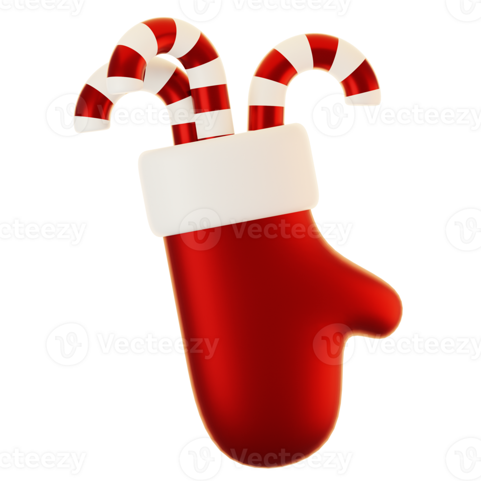 3d rendering red gloves with candy cane. 3d render christmas icon concept png