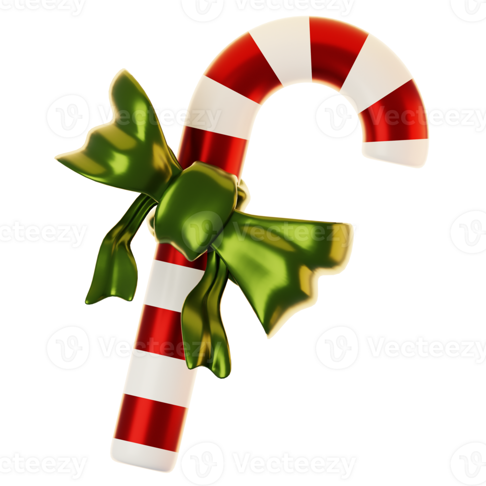 3d rendering candy cane with green ribbon. 3d render christmas icon concept png