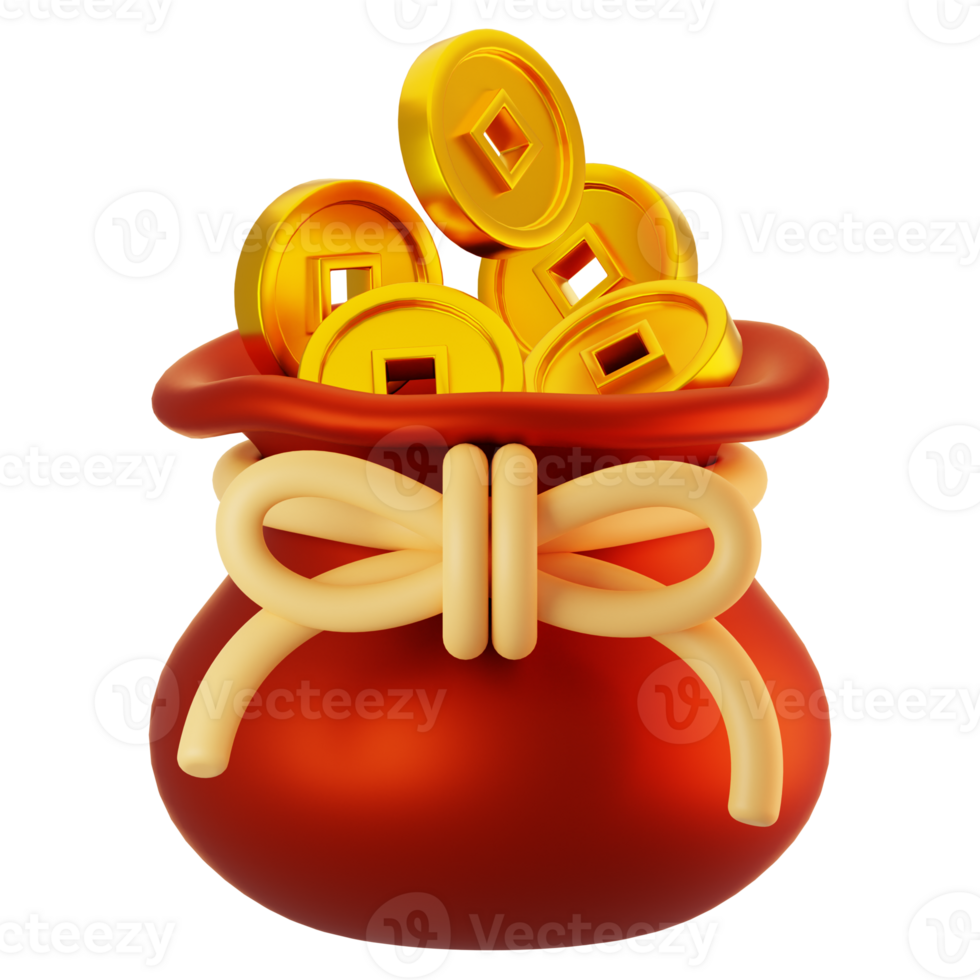 3d rendering gold coin bag icon. Chinese new year icon concept png