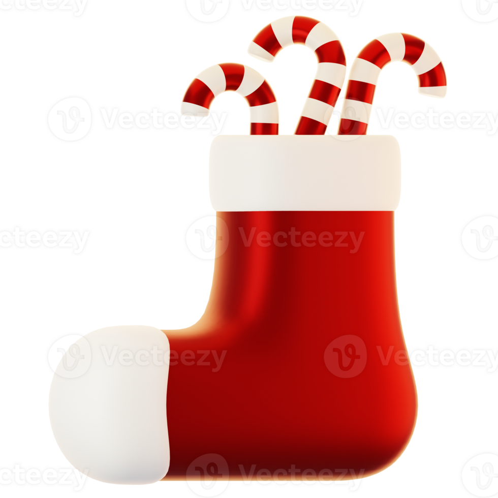 3d Rendern rot Socke mit Süßigkeiten Stock. 3d Rendern Weihnachten Symbol Konzept png