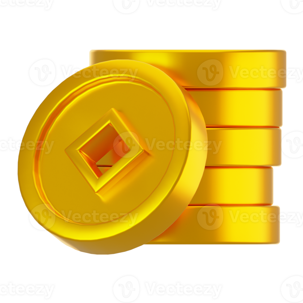 3d rendering gold coin stack icon. Chinese new year icon concept png