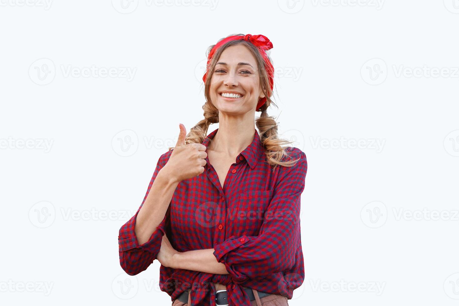 Woman dressed apron white background Caucasian middle age  female business owner in uniform photo