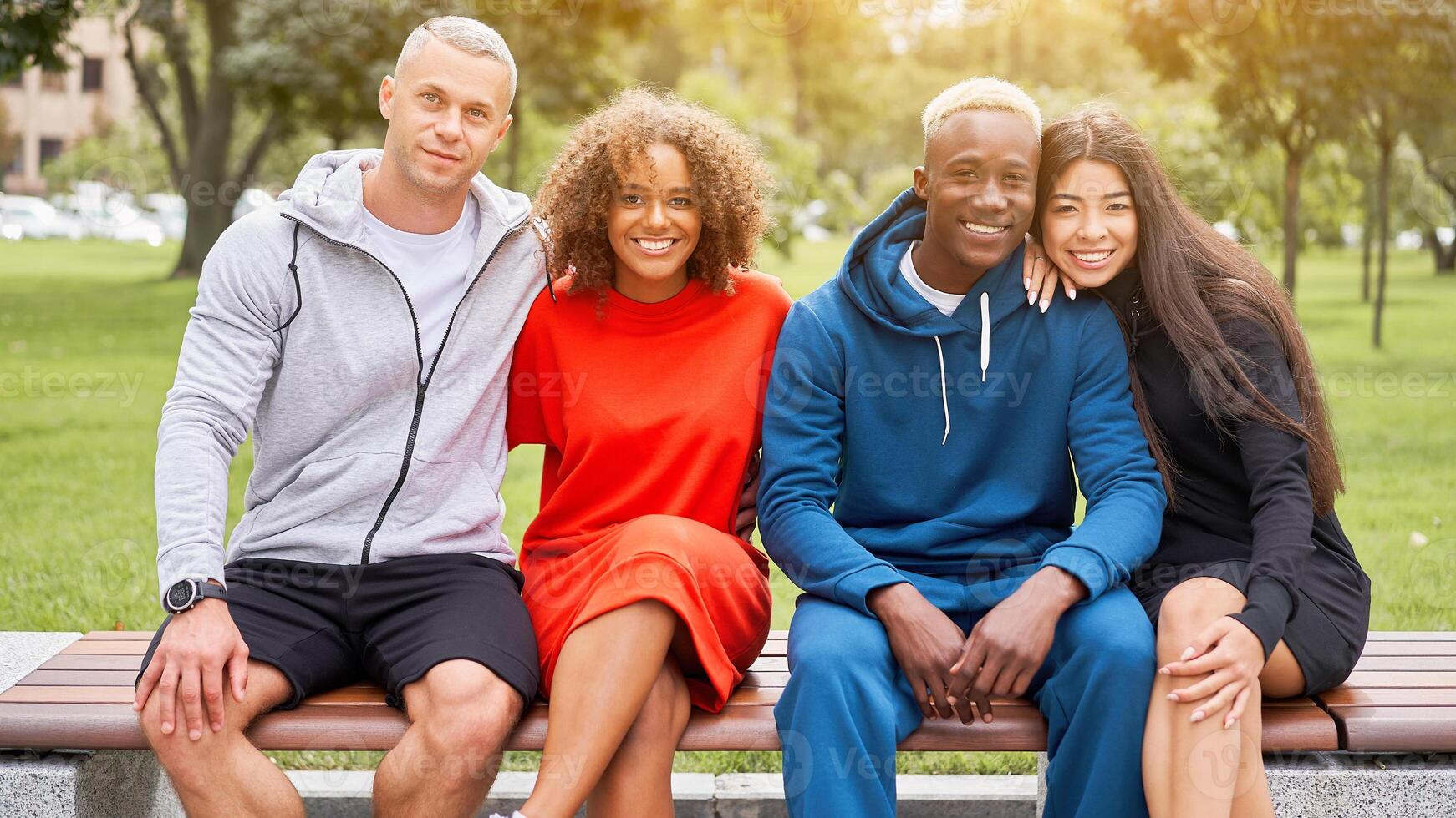 Multi-ethnic group people teenage friends. African-american, asian, caucasian student spending time together Multiracial friendship photo