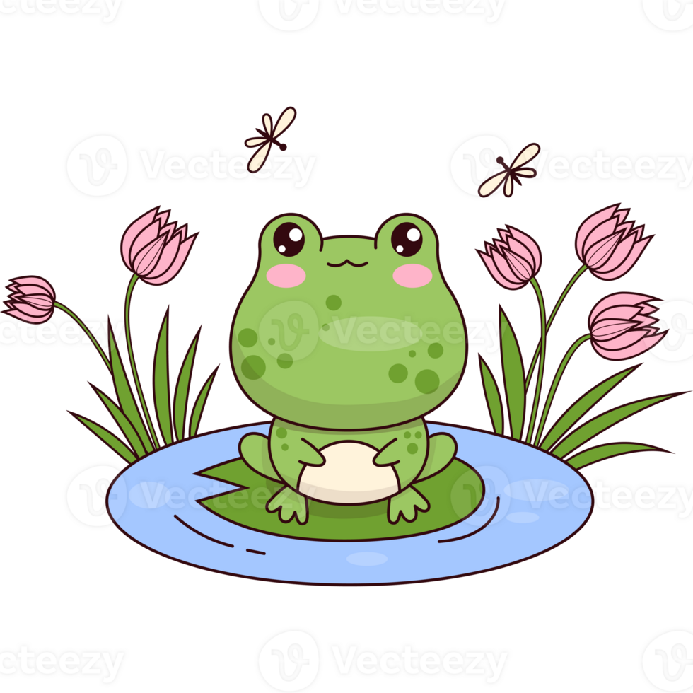 Cute frog  on leaf in water with flowers png