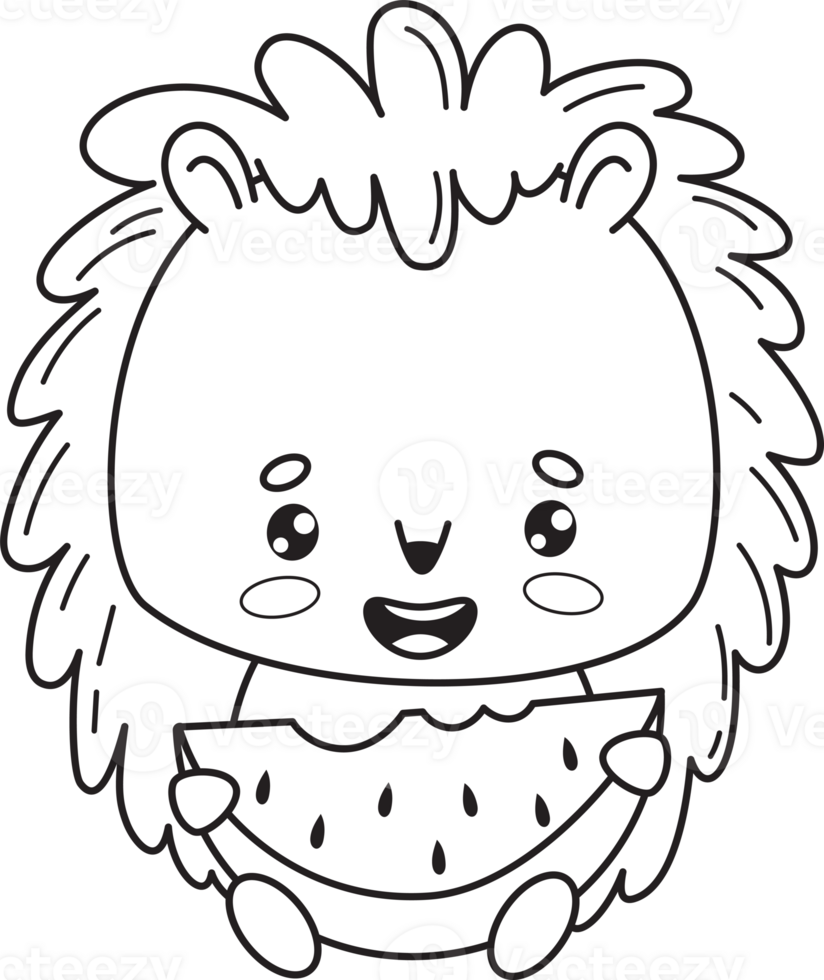 Cute outline hedgehog with watermelon png