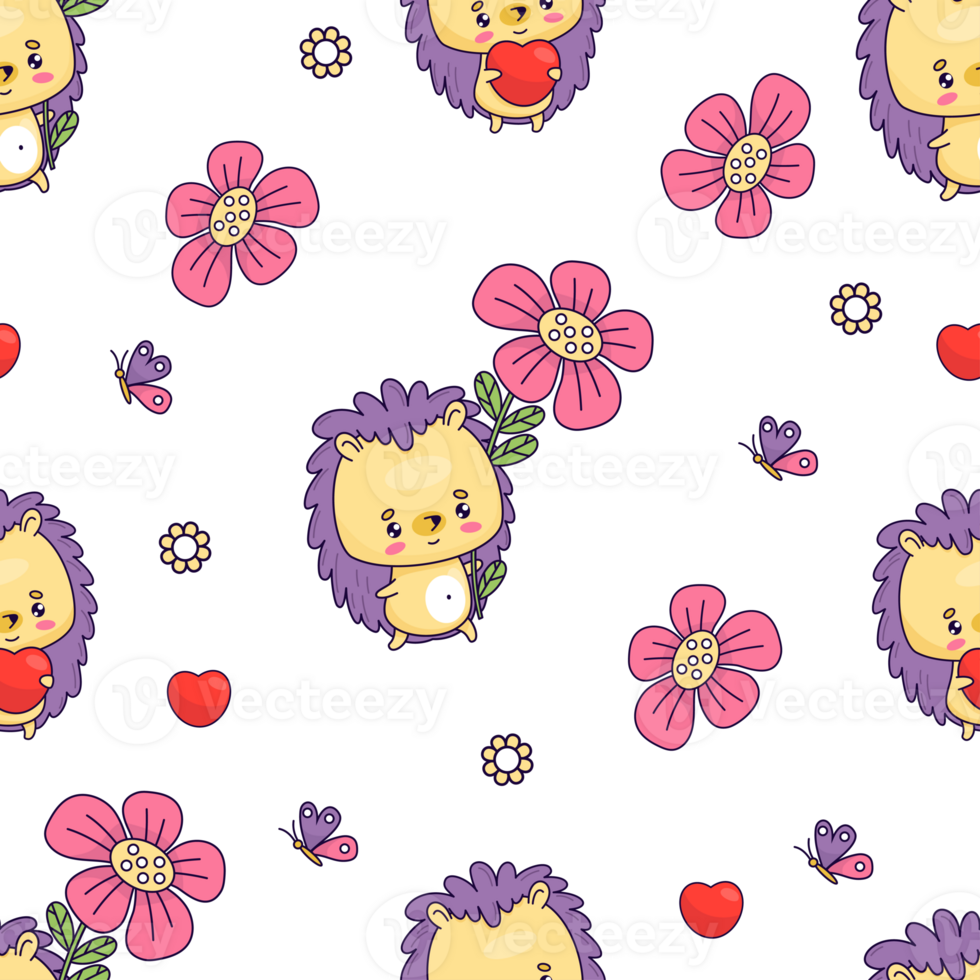 Seamless pattern with happy  hedgehog with heart and flower png