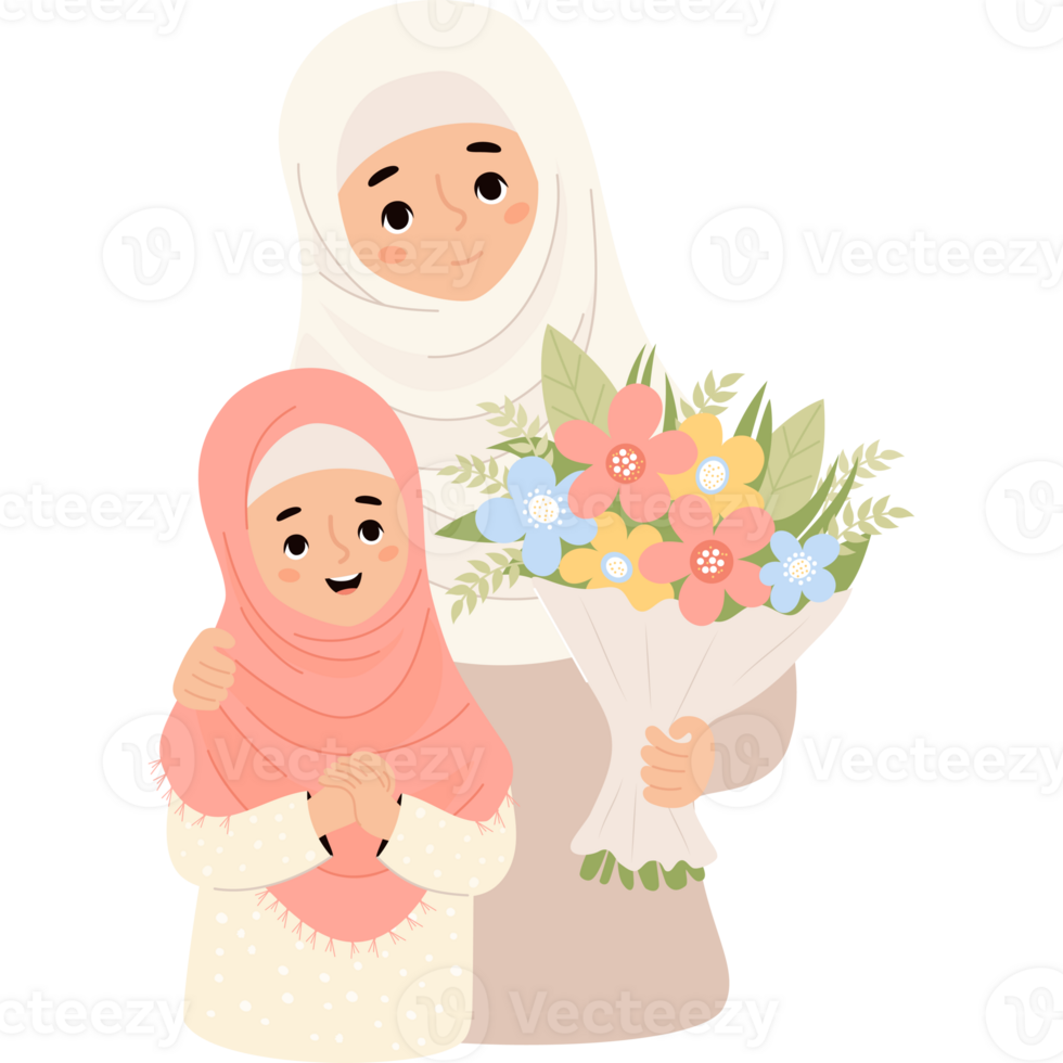 Muslim woman with daughter with bouquet png