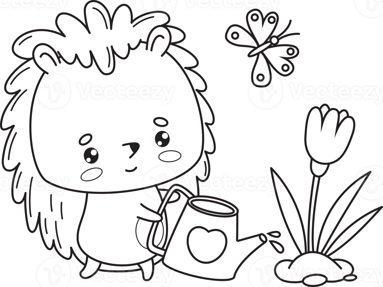 Cute outline hedgehog gardener png