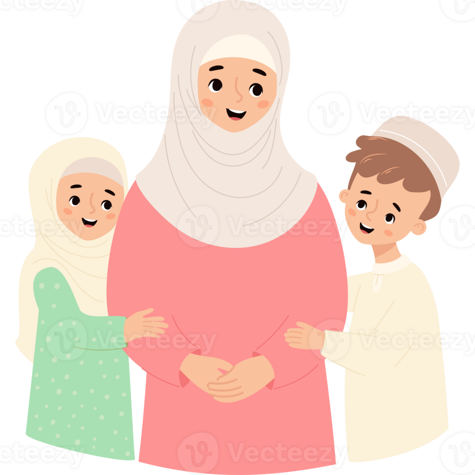 Cute muslim family islamic woman with children png