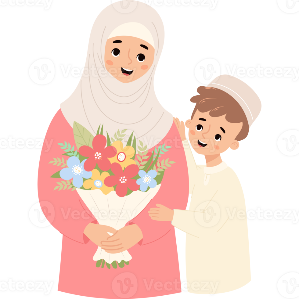 Happy islamic woman with son and bouquet png
