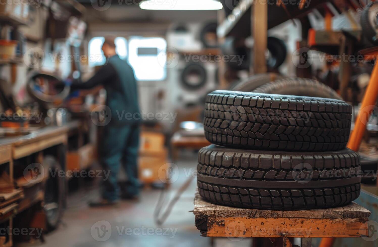 AI generated Car tires are on the table in the garage. Auto mechanic repairing car in the background. photo