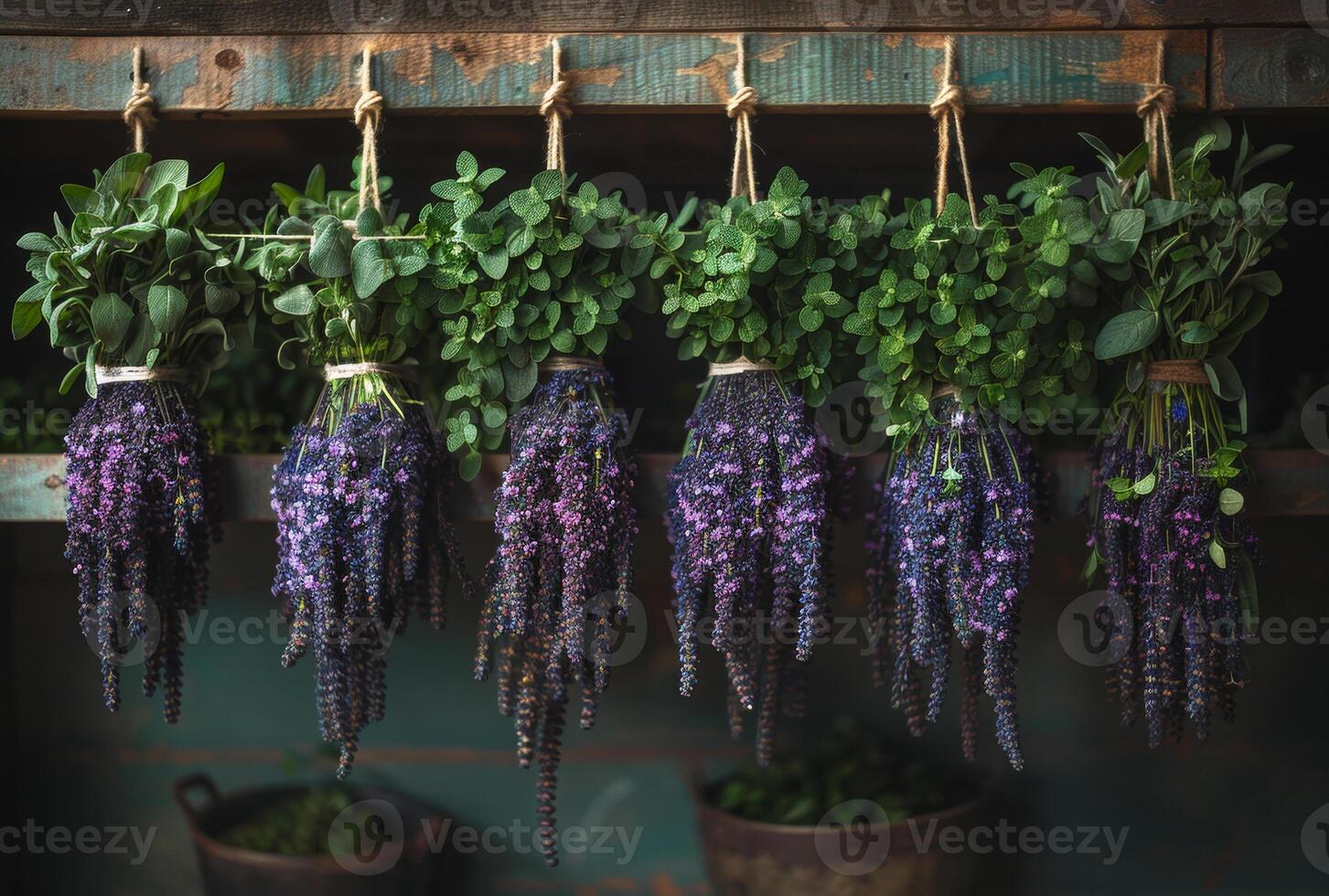 AI generated Fresh herbs and flowers hanging to dry in rural house. Natural medicine photo